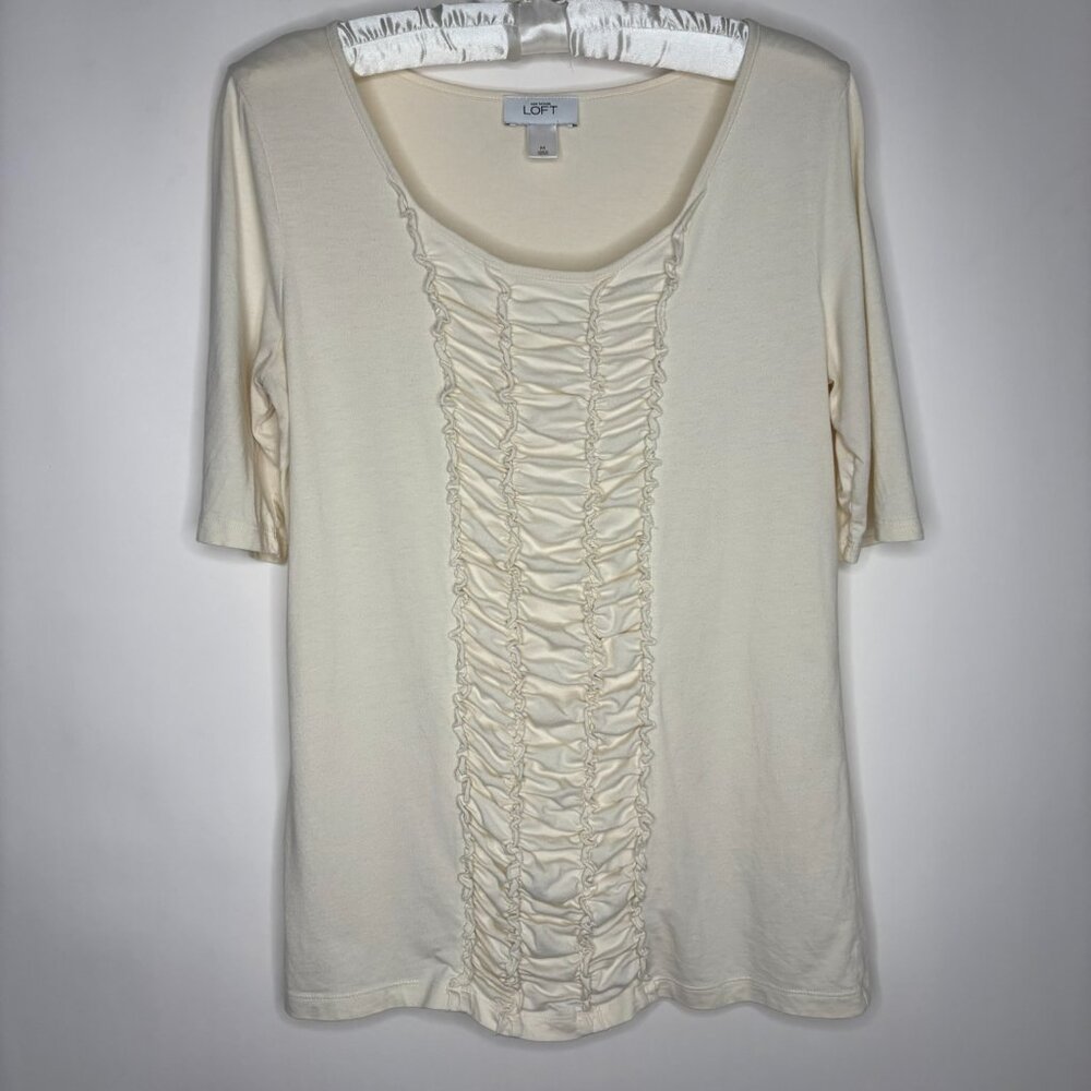 Ann Taylor LOFT Women's Short Sleeve Off White Top w/Ruffle Front M Cotton Blend
